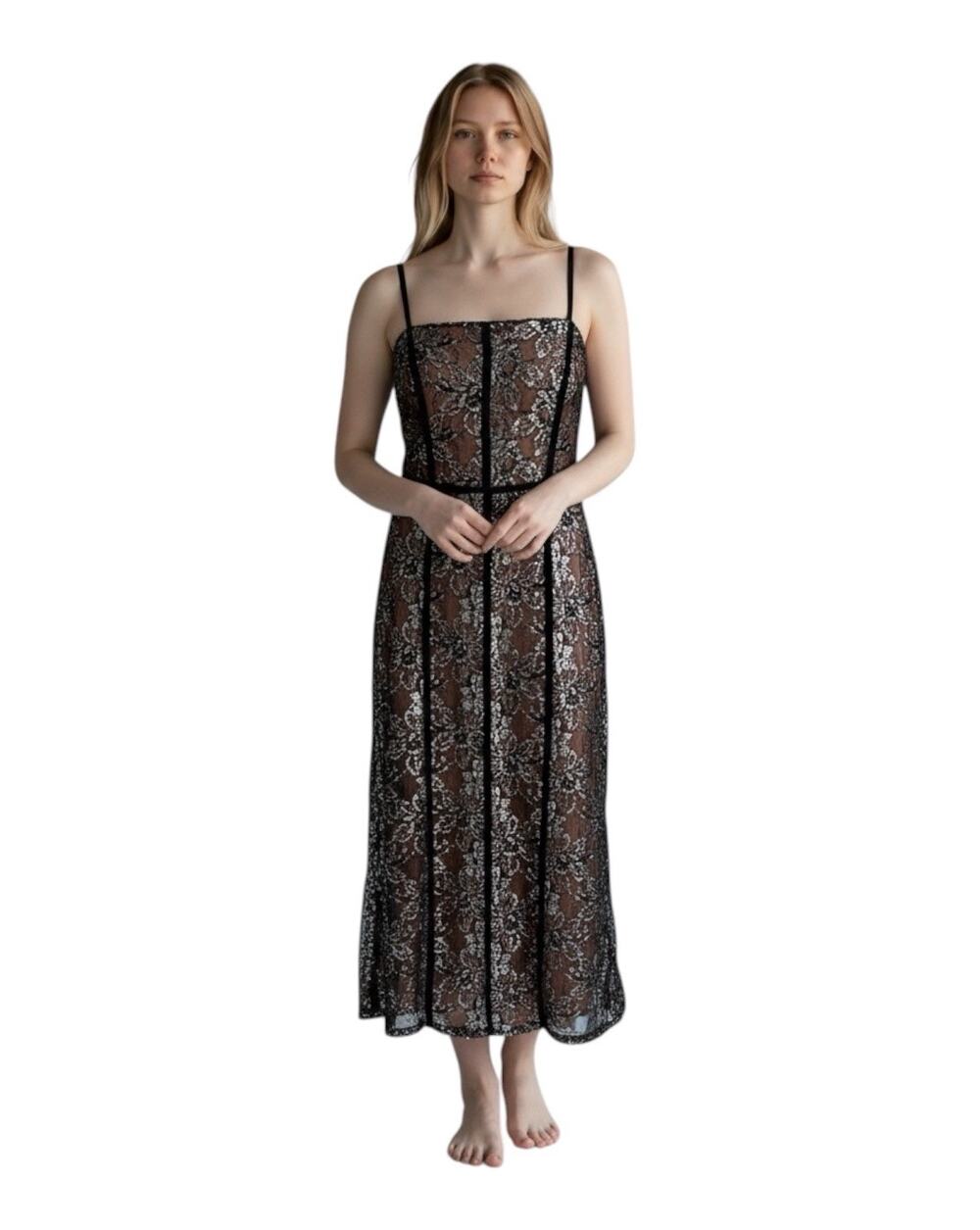 NWT By Anthropologie Square Neck Shine Midi Dress Silver Metallic Lace Small